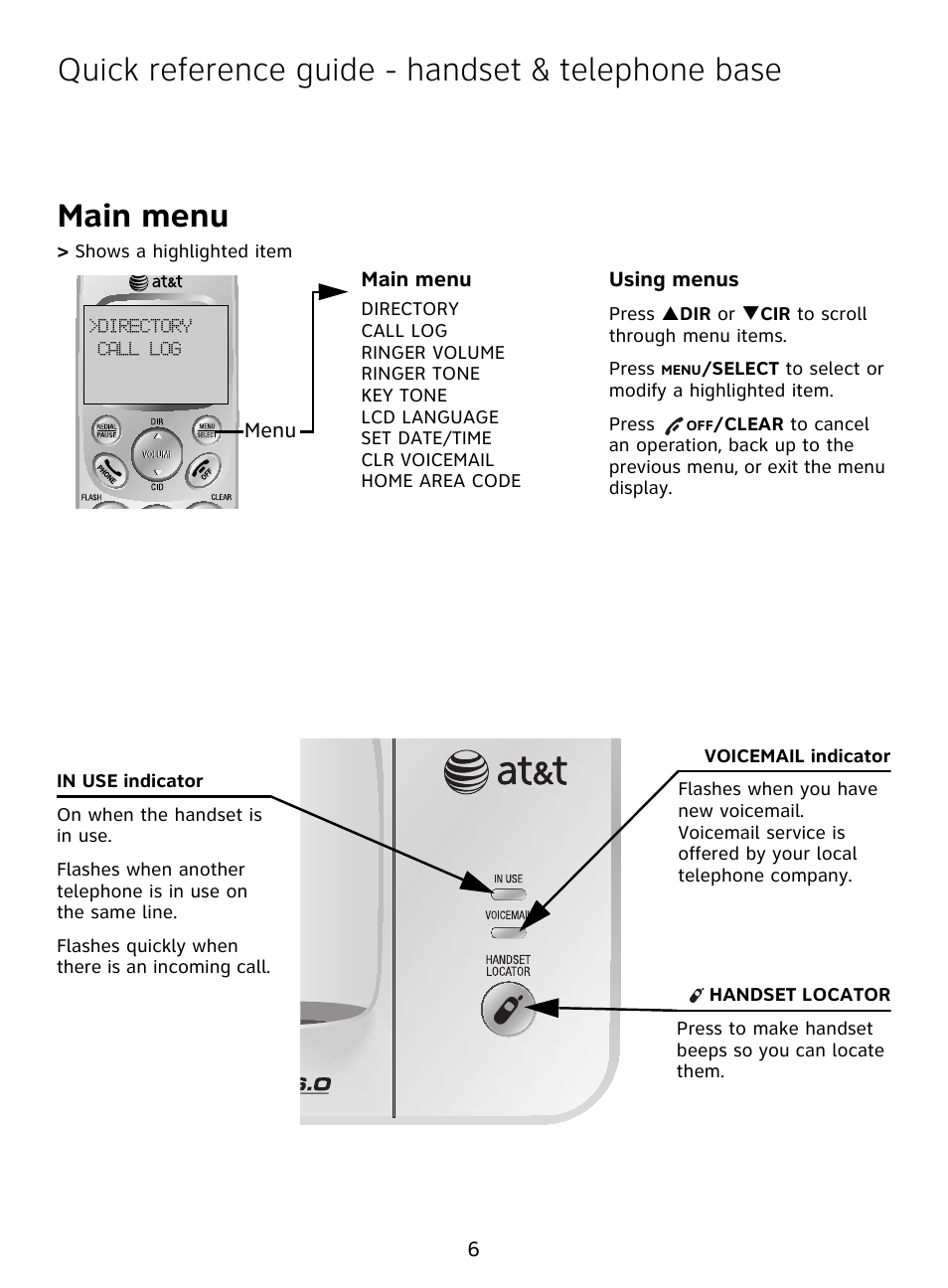 Quick reference guide - handset & telephone base, Main menu | AT&T DECT EL51109 User Manual | Page 7 / 8