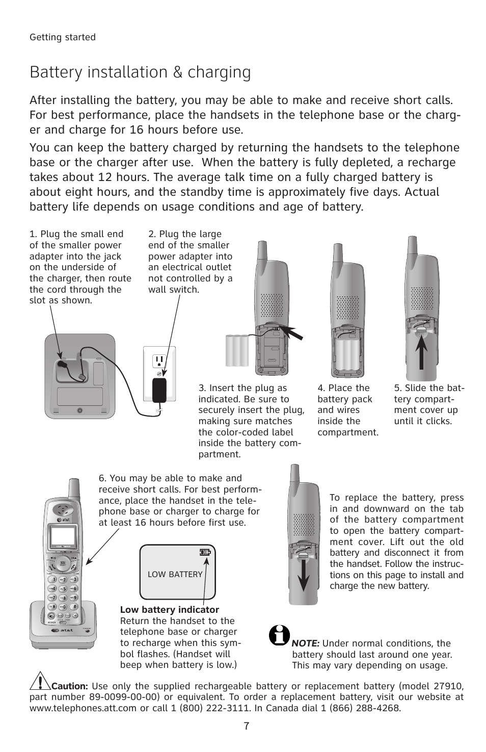Battery installation & charging | AT&T E1113B User Manual | Page 10 / 71