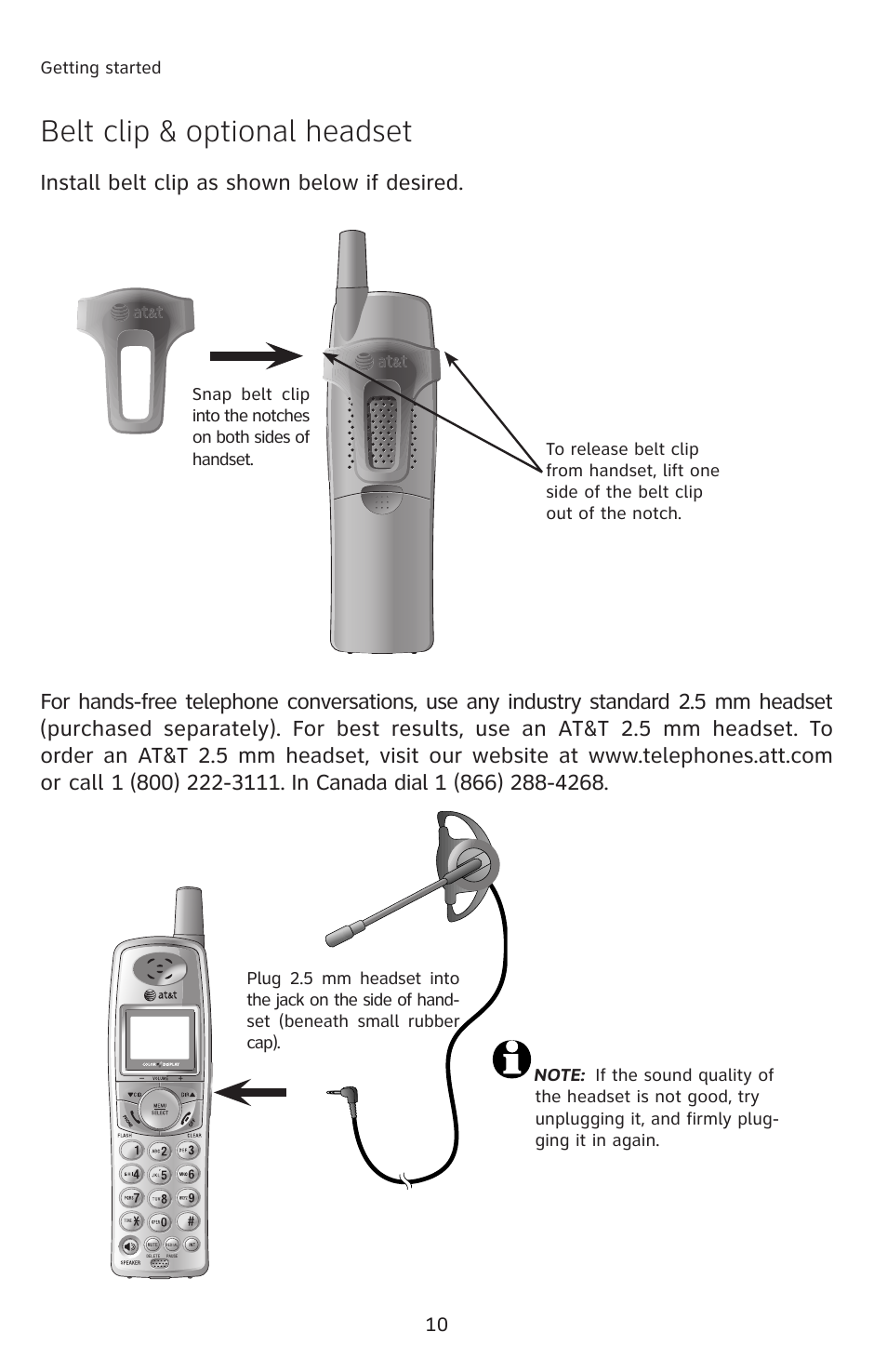 Belt clip & optional headset, Install belt clip as shown below if desired | AT&T E1113B User Manual | Page 13 / 71