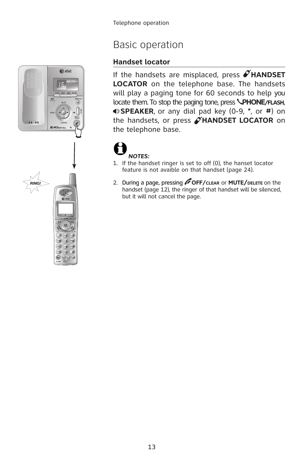 Basic operation, Speaker | AT&T E1113B User Manual | Page 16 / 71