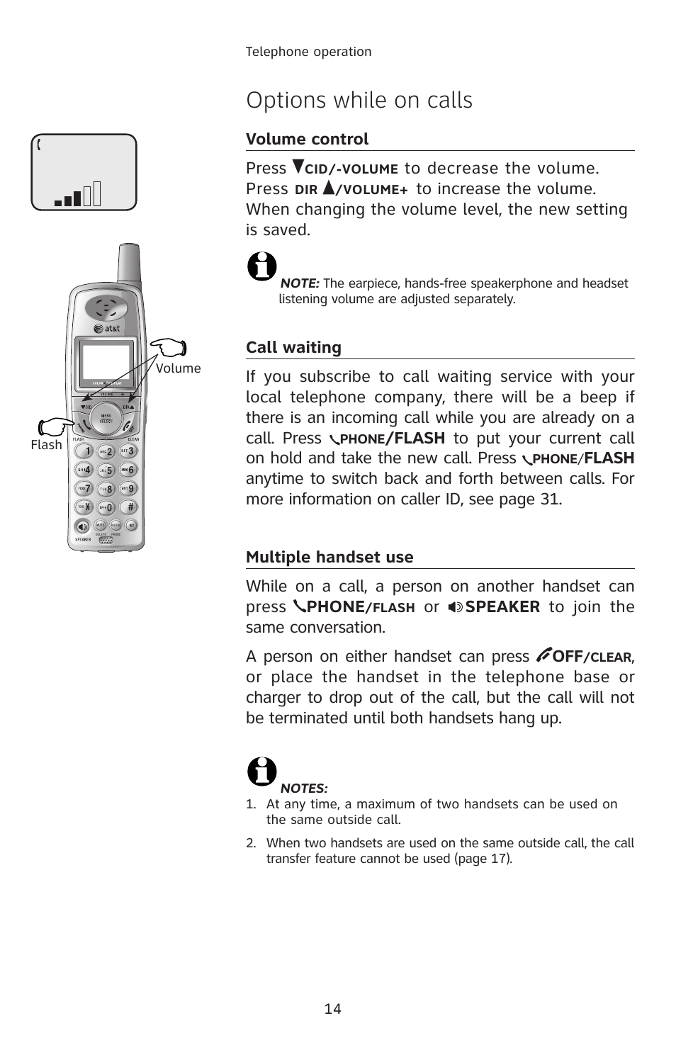 Options while on calls, Volume control press, Phone | AT&T E1113B User Manual | Page 17 / 71