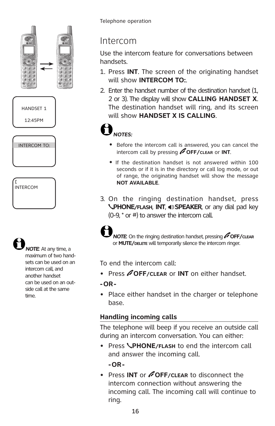 Intercom, On the ringing destination handset, press phone | AT&T E1113B User Manual | Page 19 / 71