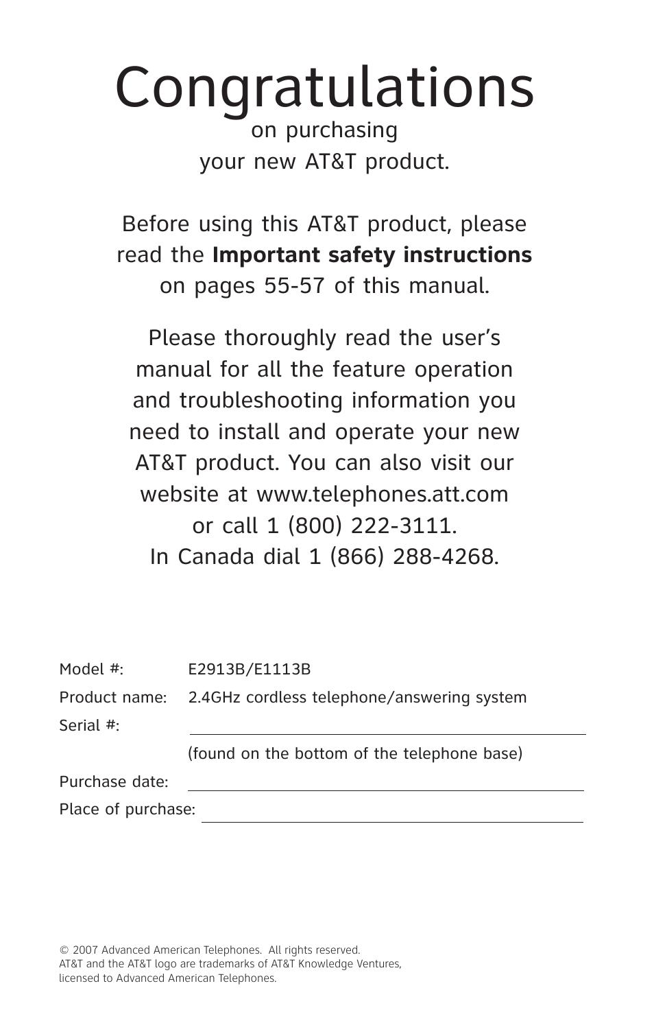 AT&T E1113B User Manual | Page 2 / 71