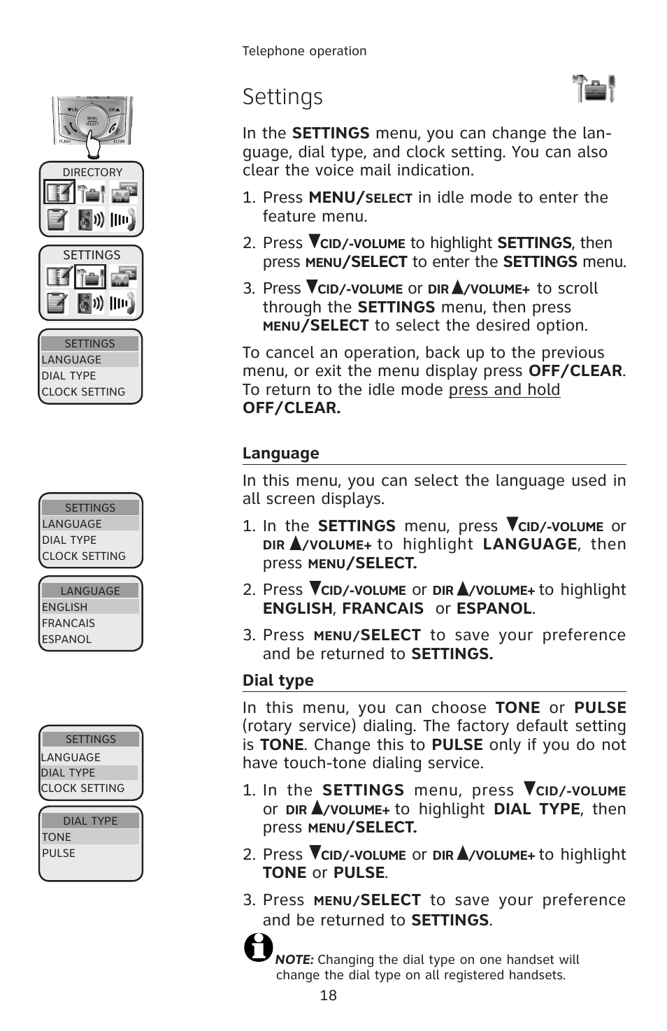 Settings, Select to enter the settings menu. 3. press, Select. 2. press | AT&T E1113B User Manual | Page 21 / 71