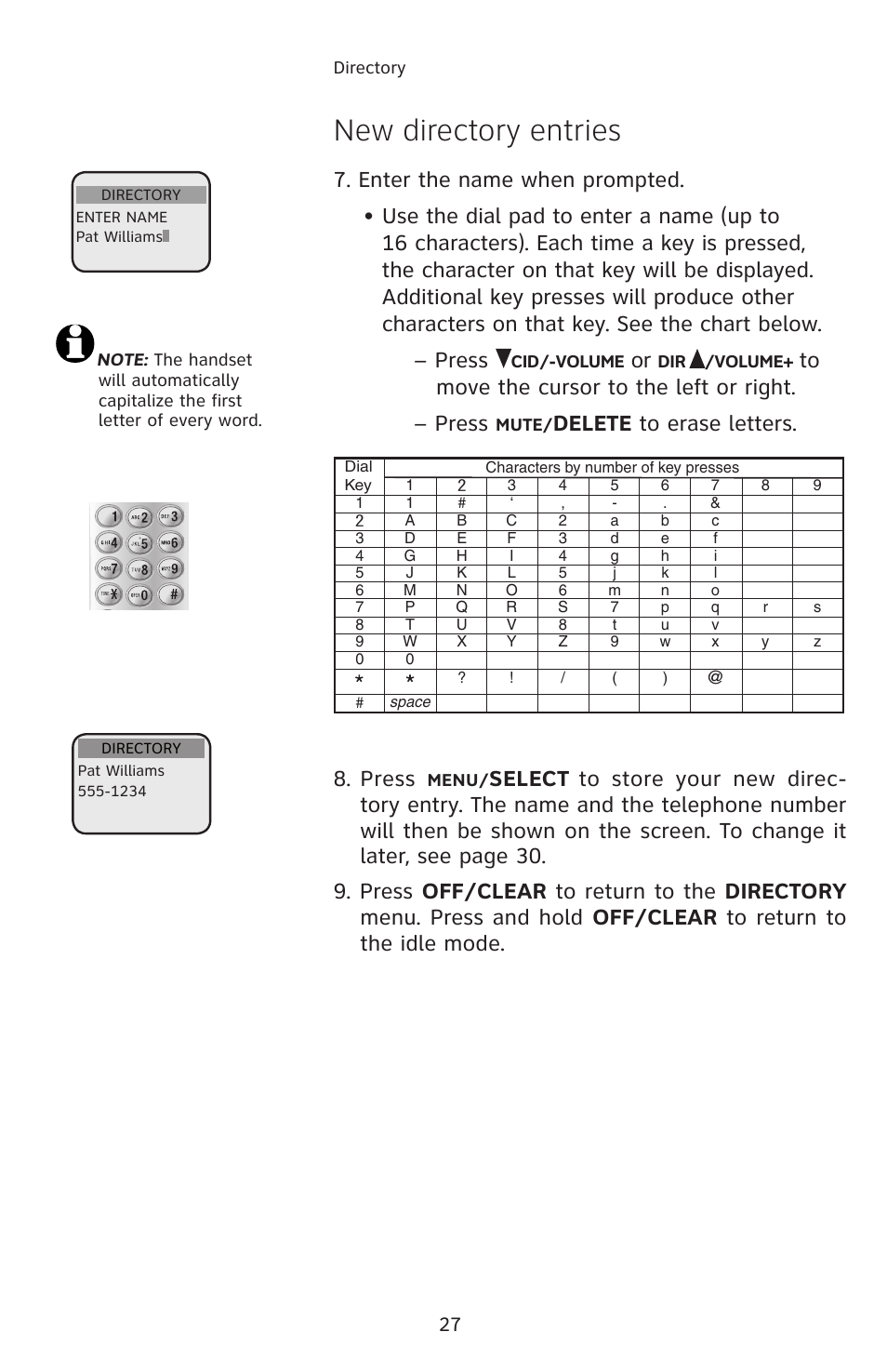 New directory entries, Delete to erase letters, Press | Select | AT&T E1113B User Manual | Page 30 / 71