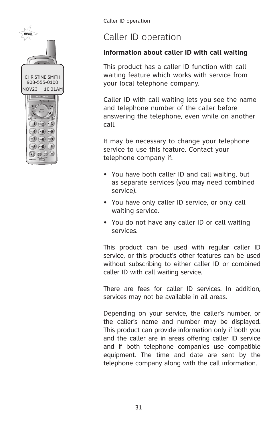 Caller id operation | AT&T E1113B User Manual | Page 34 / 71