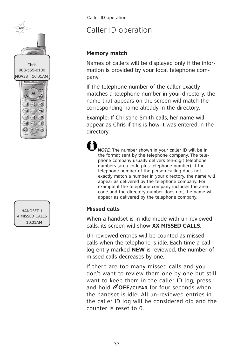 Caller id operation | AT&T E1113B User Manual | Page 36 / 71