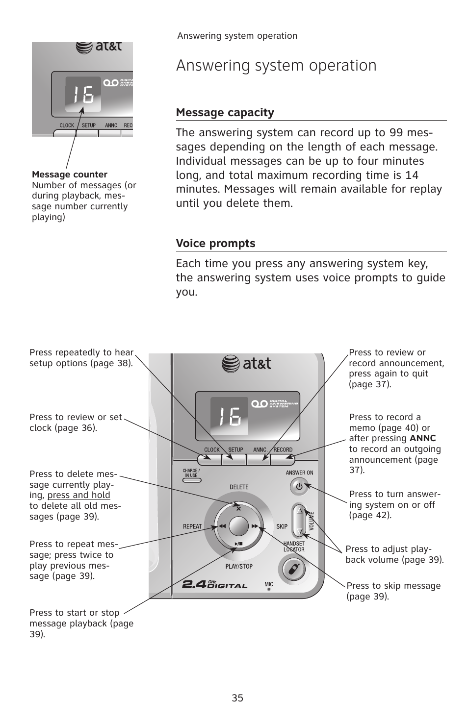 Answering system operation | AT&T E1113B User Manual | Page 38 / 71
