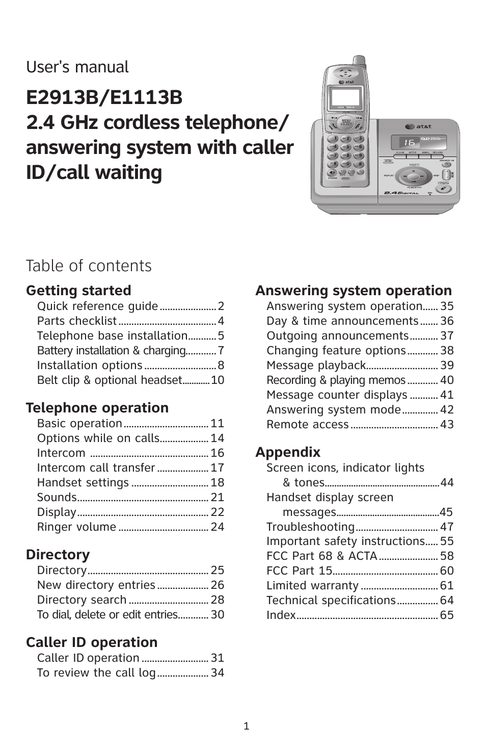 Table of contents user's manual, Getting started, Telephone operation | Directory, Caller id operation, Answering system operation, Appendix, Caller id operation  to review the call log | AT&T E1113B User Manual | Page 4 / 71