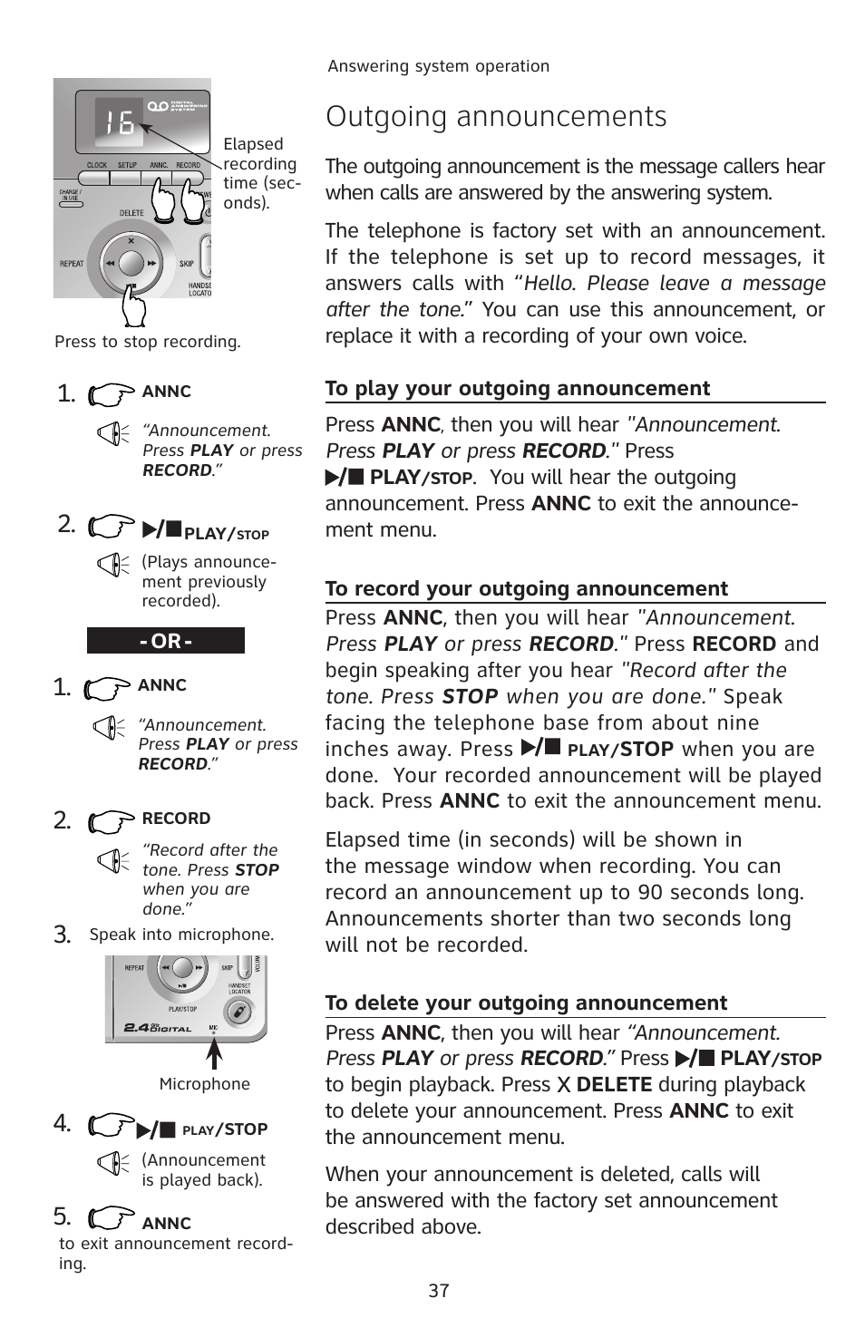 Outgoing announcements | AT&T E1113B User Manual | Page 40 / 71