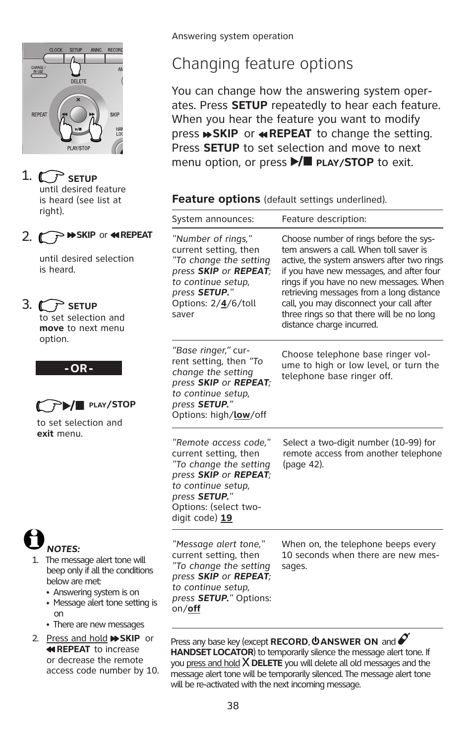 Changing feature options, Stop to exit, Feature options | AT&T E1113B User Manual | Page 41 / 71