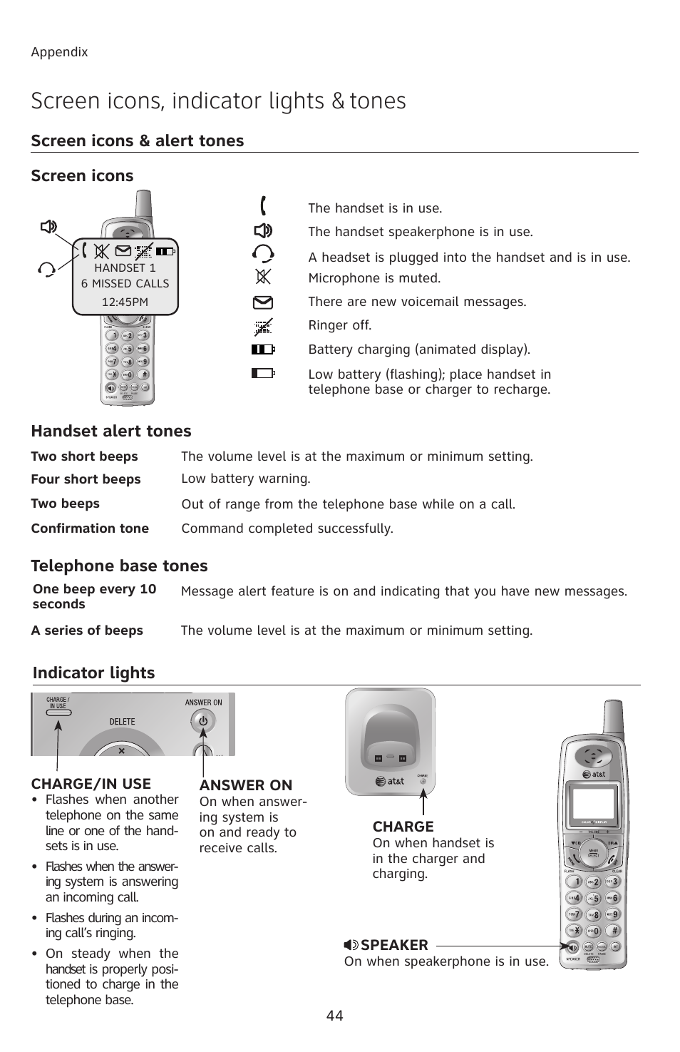 Screen icons, indicator lights & tones, Screen icons & alert tones, Screen icons handset alert tones | Telephone base tones indicator lights, Charge, Speaker, Answer on, Charge/in use | AT&T E1113B User Manual | Page 47 / 71