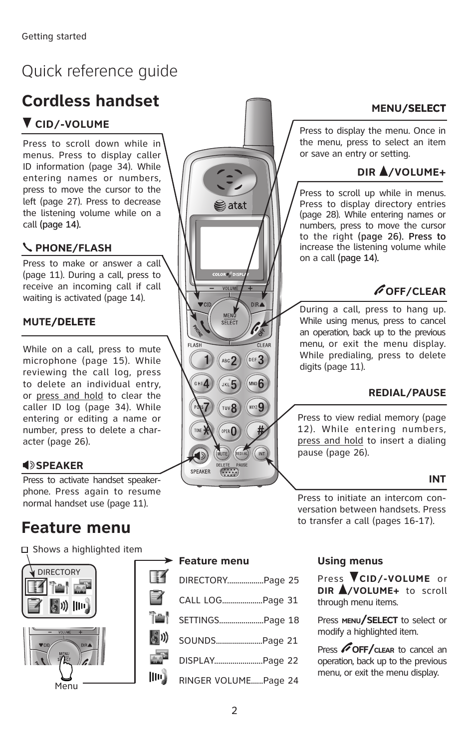 Quick reference guide, Cordless handset feature menu | AT&T E1113B User Manual | Page 5 / 71