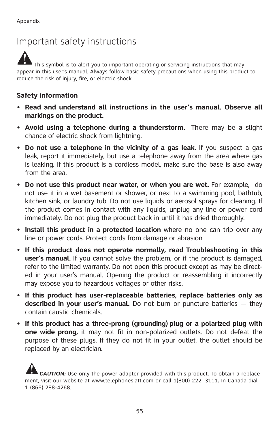 Important safety instructions | AT&T E1113B User Manual | Page 58 / 71