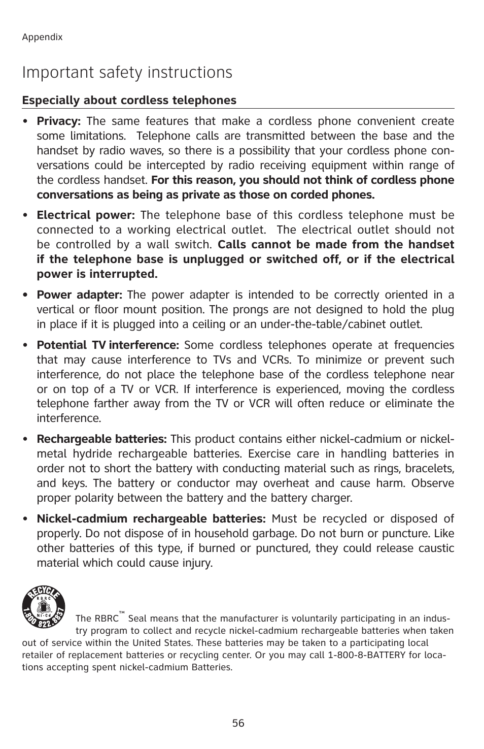 Important safety instructions | AT&T E1113B User Manual | Page 59 / 71