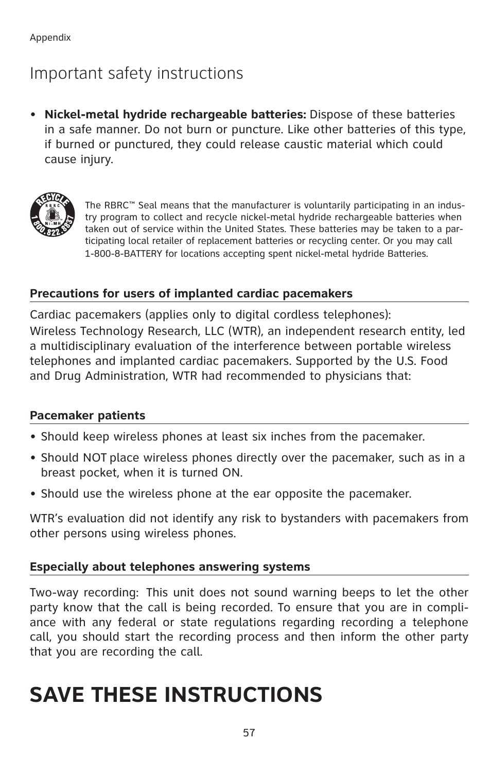 Save these instructions, Important safety instructions | AT&T E1113B User Manual | Page 60 / 71