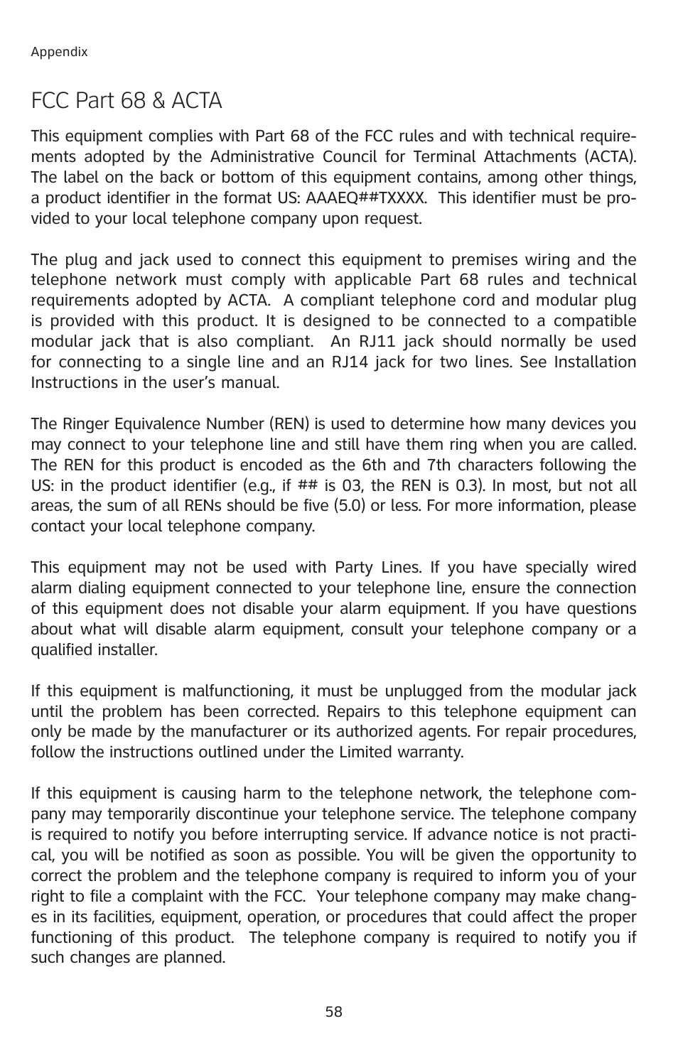Fcc part 68 & acta | AT&T E1113B User Manual | Page 61 / 71