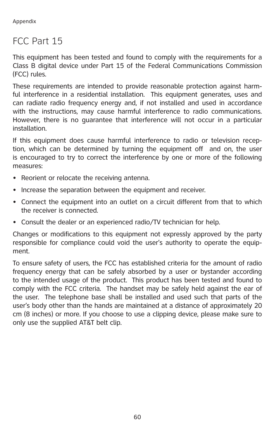 Fcc part 15 | AT&T E1113B User Manual | Page 63 / 71
