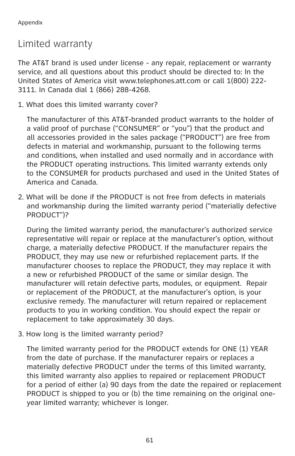 Limited warranty | AT&T E1113B User Manual | Page 64 / 71
