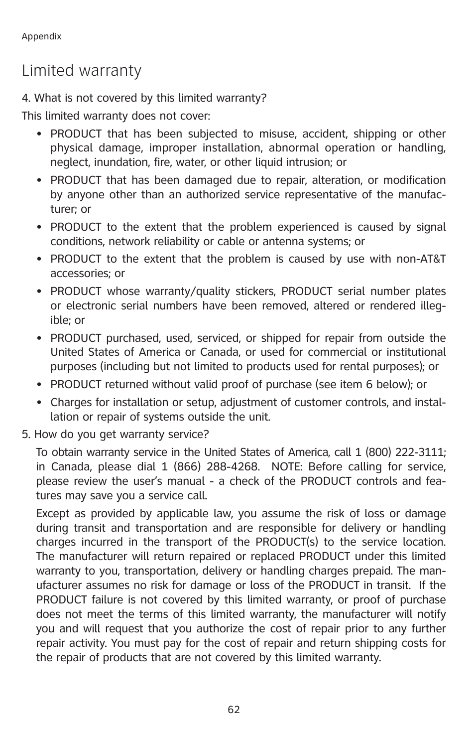 Limited warranty | AT&T E1113B User Manual | Page 65 / 71