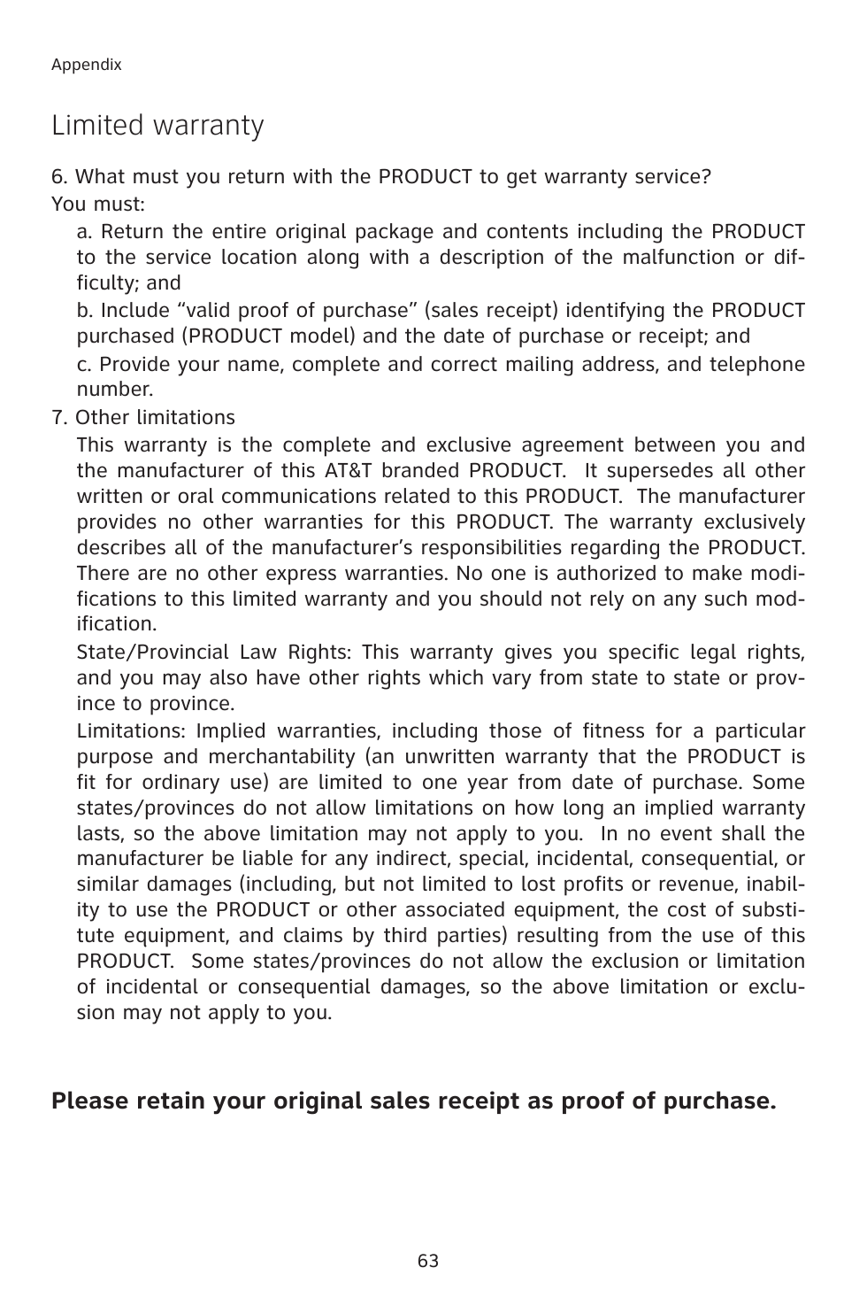 Limited warranty | AT&T E1113B User Manual | Page 66 / 71