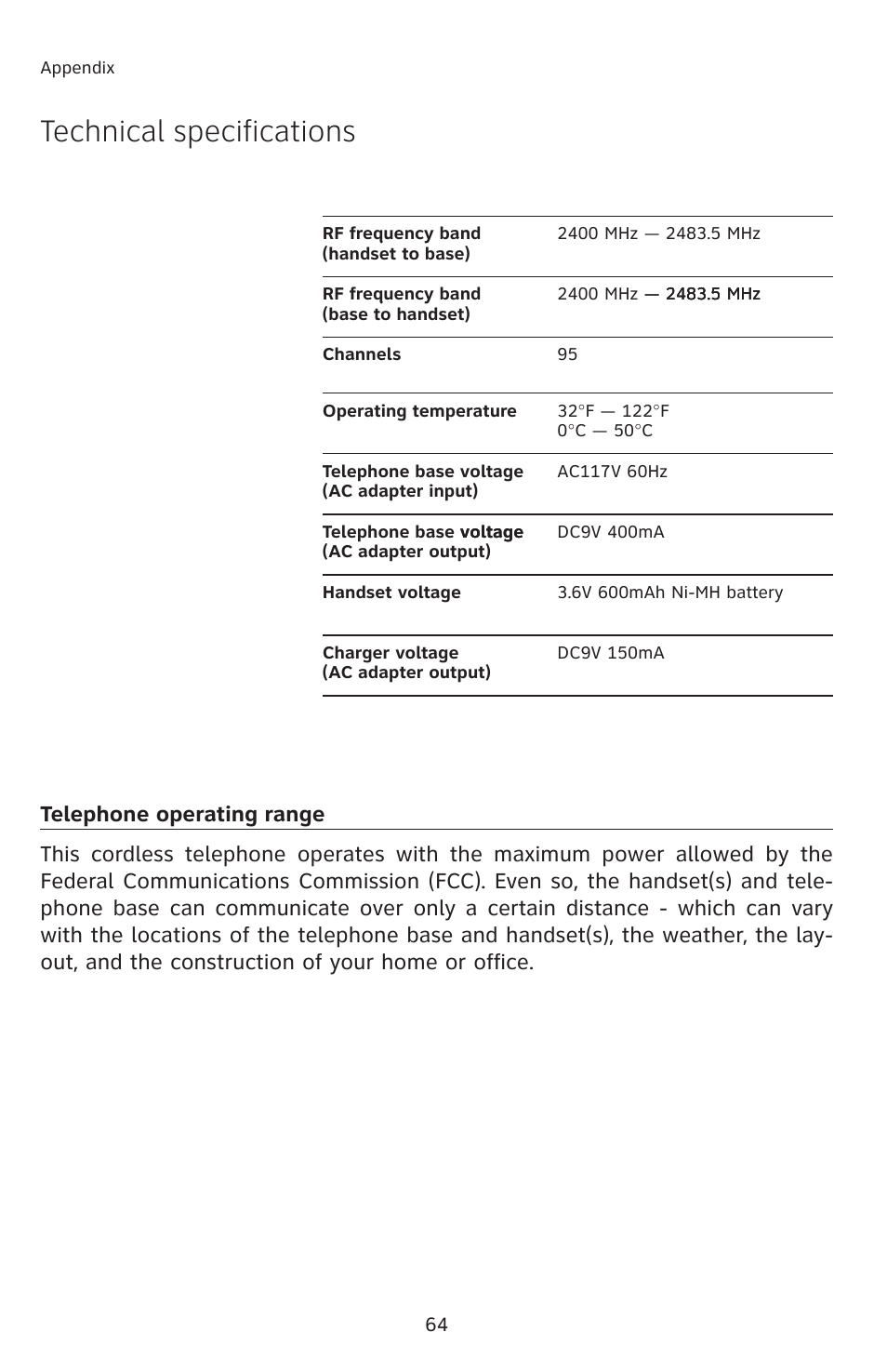 Technical specifications | AT&T E1113B User Manual | Page 67 / 71