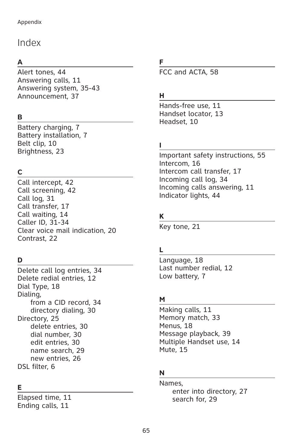 Index | AT&T E1113B User Manual | Page 68 / 71