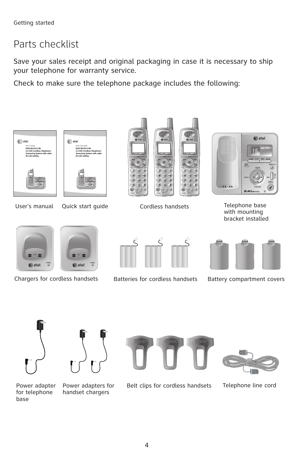 Parts checklist, Getting started, User's manual quick start guide | AT&T E1113B User Manual | Page 7 / 71