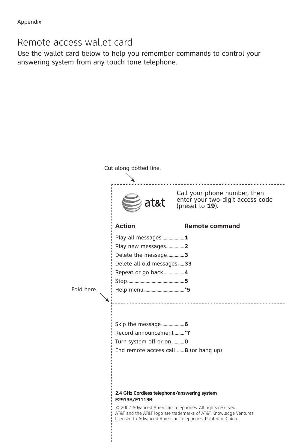 Remote access wallet card | AT&T E1113B User Manual | Page 70 / 71