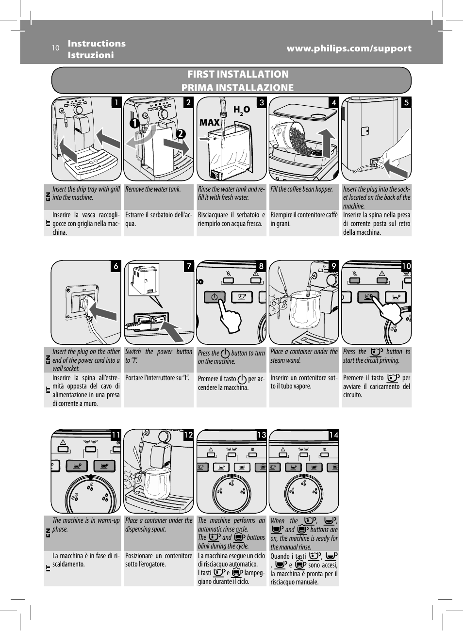 First installation prima installazione | Philips Saeco Intuita Machine espresso Super Automatique User Manual | Page 10 / 56