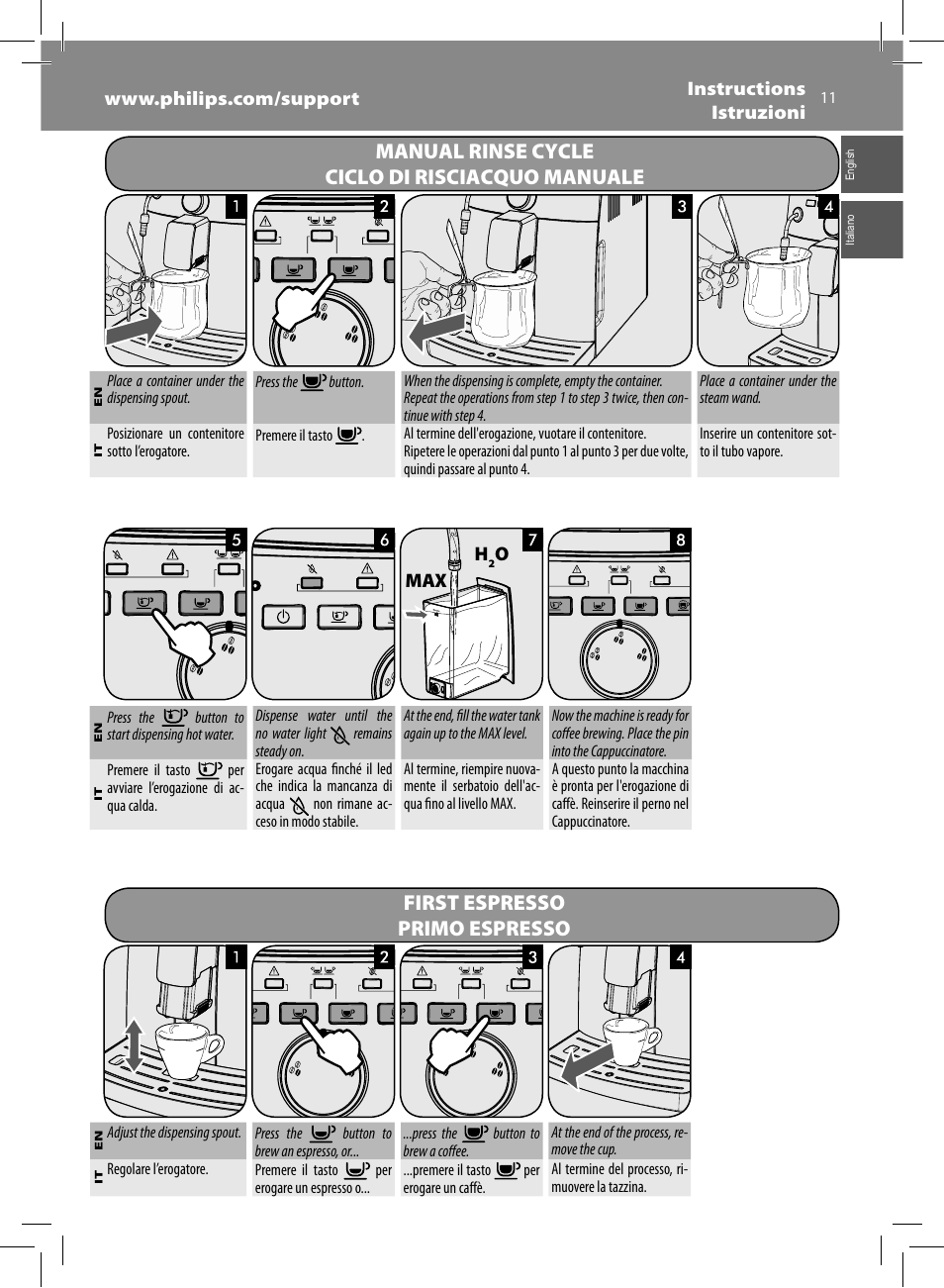 First espresso primo espresso, Manual rinse cycle ciclo di risciacquo manuale | Philips Saeco Intuita Machine espresso Super Automatique User Manual | Page 11 / 56