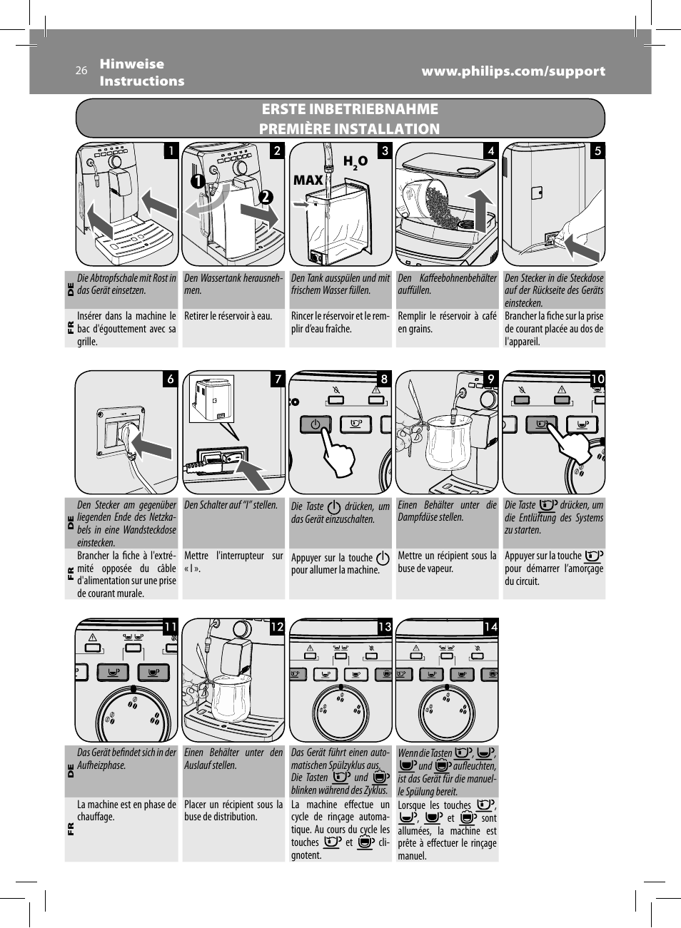 Erste inbetriebnahme première installation | Philips Saeco Intuita Machine espresso Super Automatique User Manual | Page 26 / 56