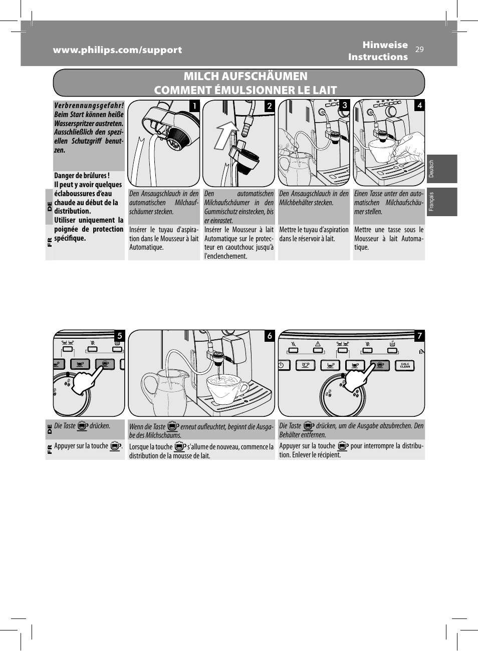 Milch aufschäumen comment émulsionner le lait | Philips Saeco Intuita Machine espresso Super Automatique User Manual | Page 29 / 56