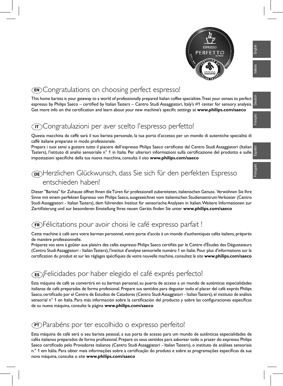 Parabéns por ter escolhido o expresso perfeito | Philips Saeco Intuita Machine espresso Super Automatique User Manual | Page 3 / 56