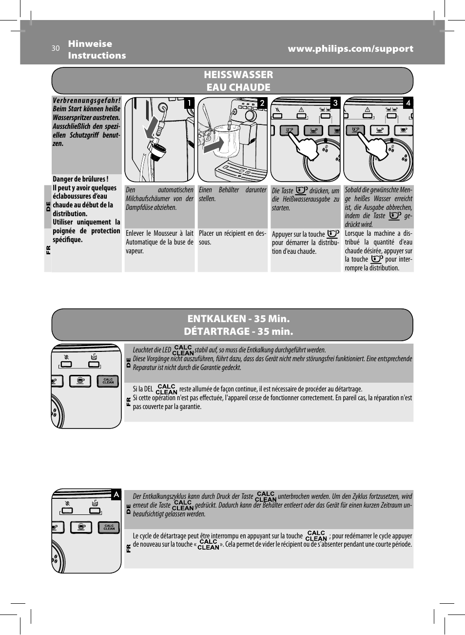 Entkalken - 35 min. détartrage - 35 min, Heisswasser eau chaude | Philips Saeco Intuita Machine espresso Super Automatique User Manual | Page 30 / 56