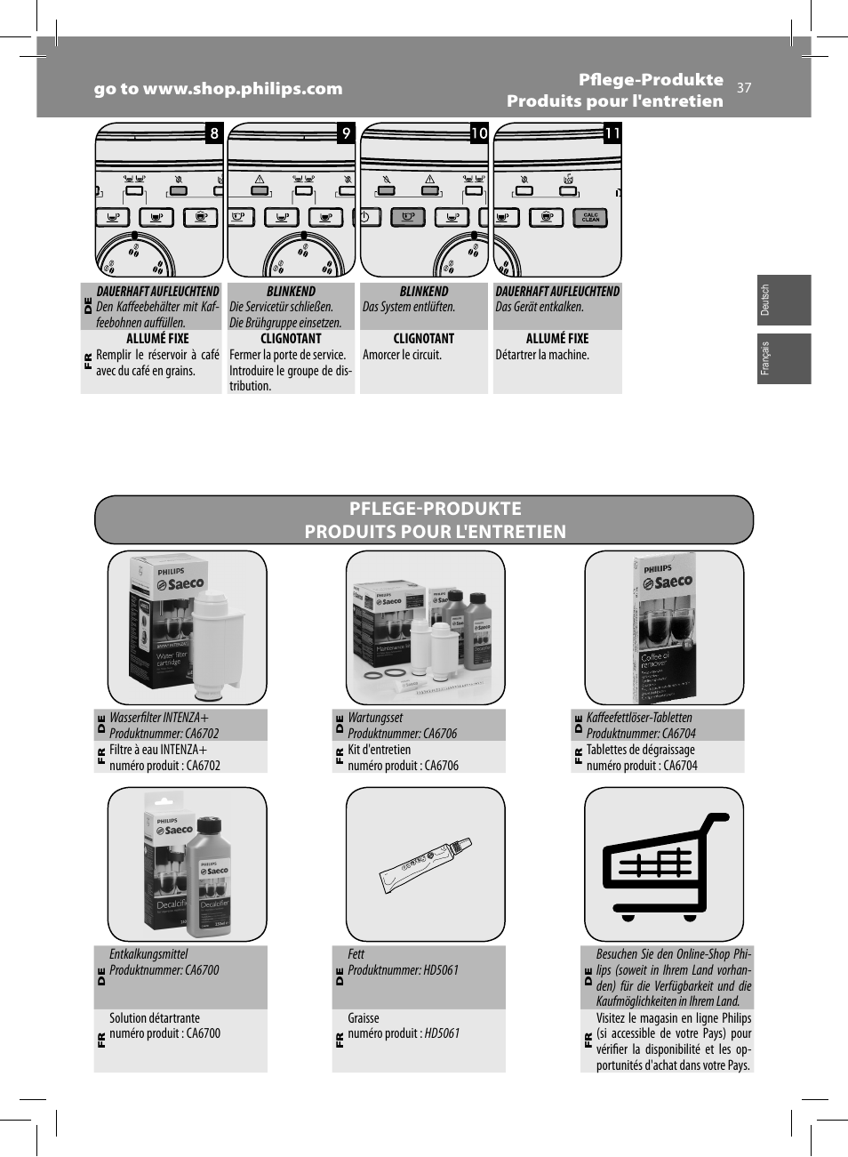 Pflege-produkte produits pour l'entretien | Philips Saeco Intuita Machine espresso Super Automatique User Manual | Page 37 / 56