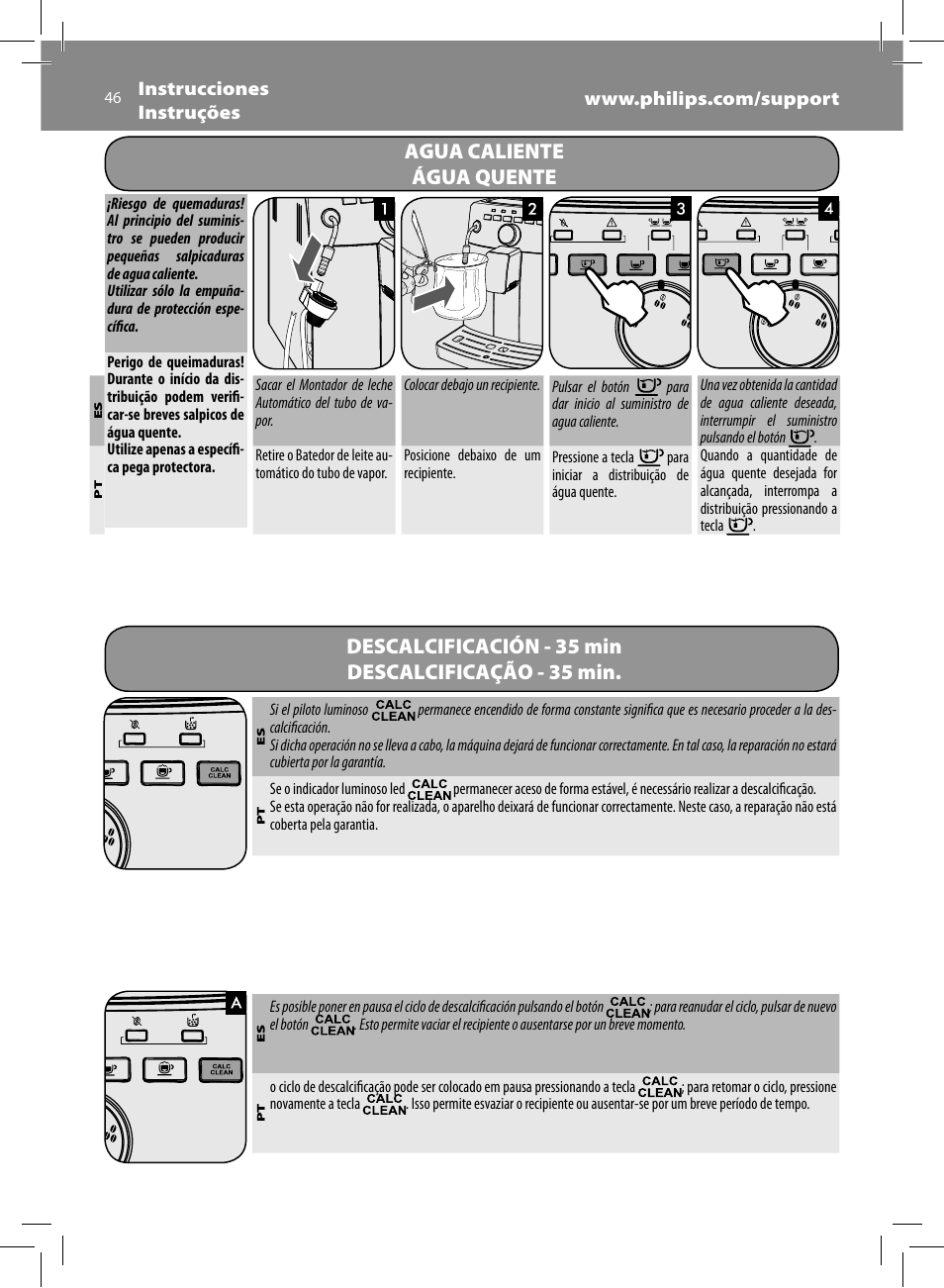 Descalcificación - 35 min descalcificação - 35 min, Agua caliente água quente | Philips Saeco Intuita Machine espresso Super Automatique User Manual | Page 46 / 56
