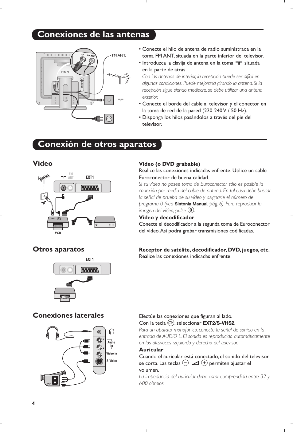 Conexiones de las antenas, Conexión de otros aparatos, Conexiones laterales | Vídeo, Otros aparatos | Philips Téléviseur User Manual | Page 104 / 120