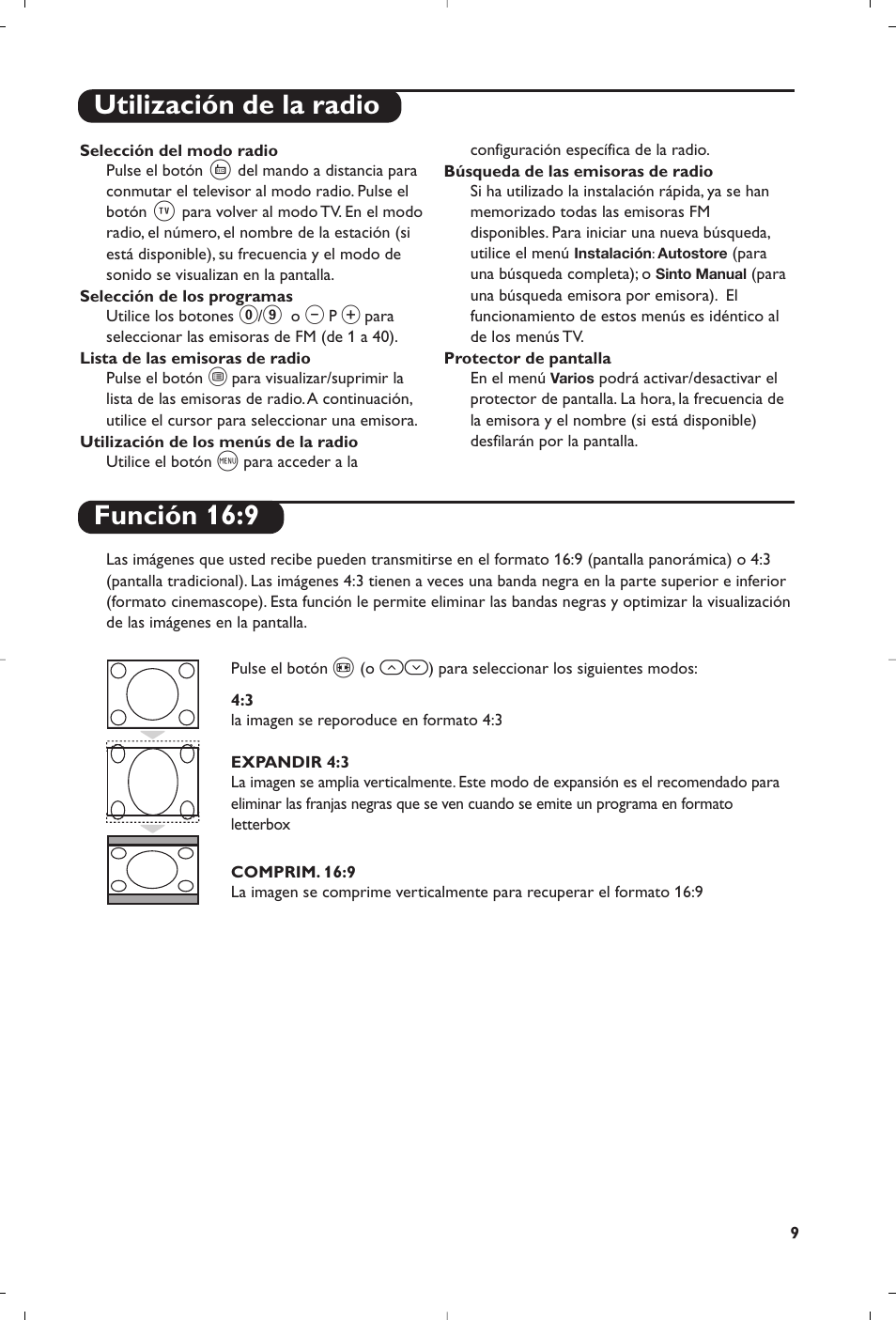 Utilización de la radio, Función 16:9 | Philips Téléviseur User Manual | Page 109 / 120