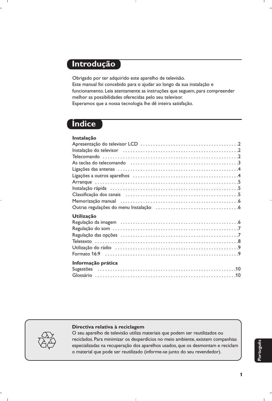 Introdução índice | Philips Téléviseur User Manual | Page 111 / 120