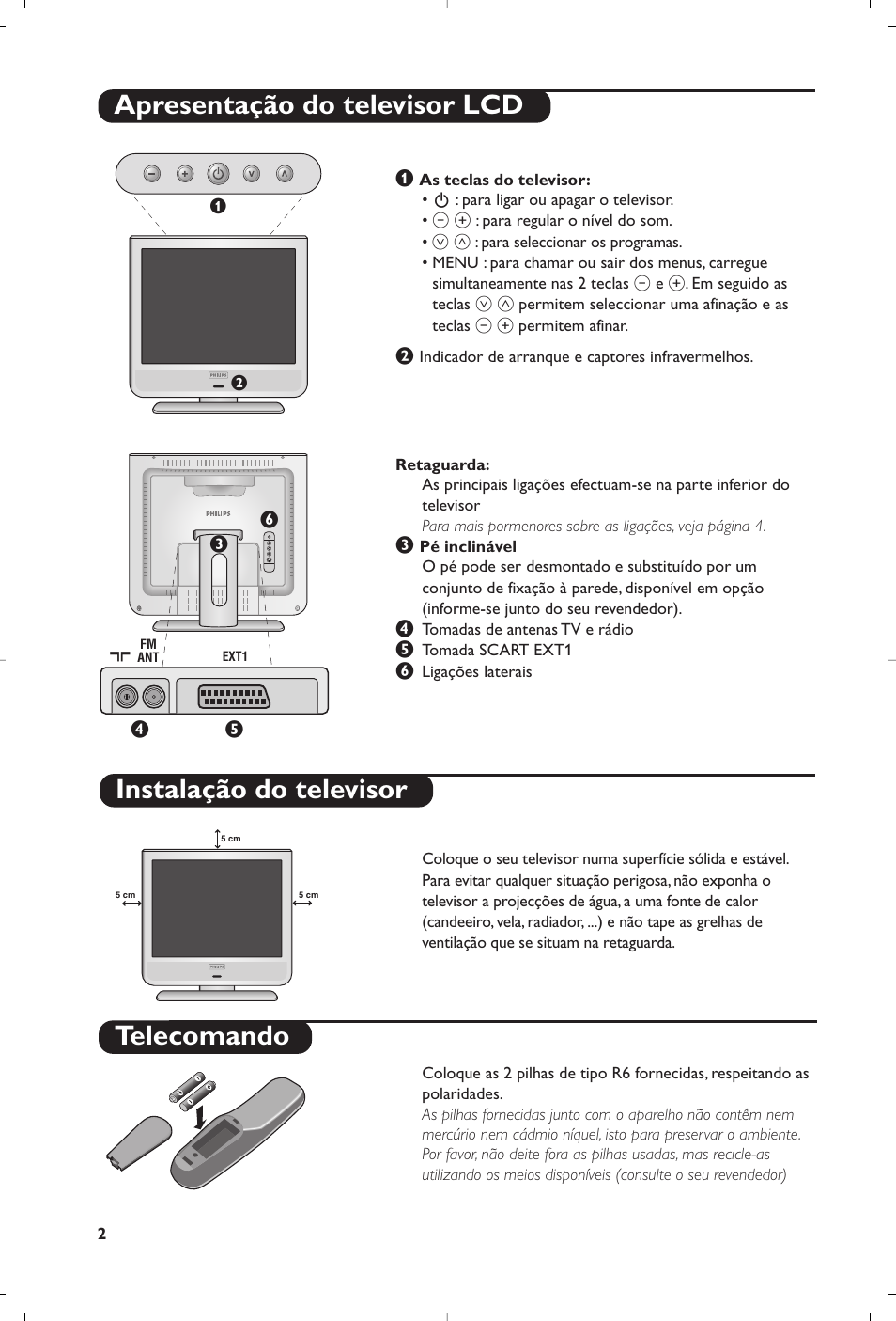 Telecomando, Apresentação do televisor lcd, Instalação do televisor | Philips Téléviseur User Manual | Page 112 / 120