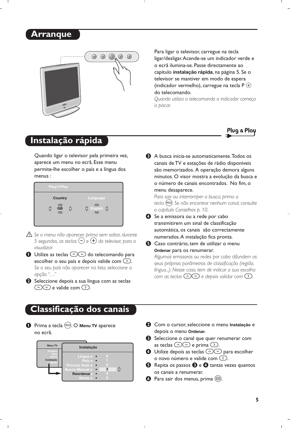 Instalação rápida classificação dos canais, Arranque | Philips Téléviseur User Manual | Page 115 / 120