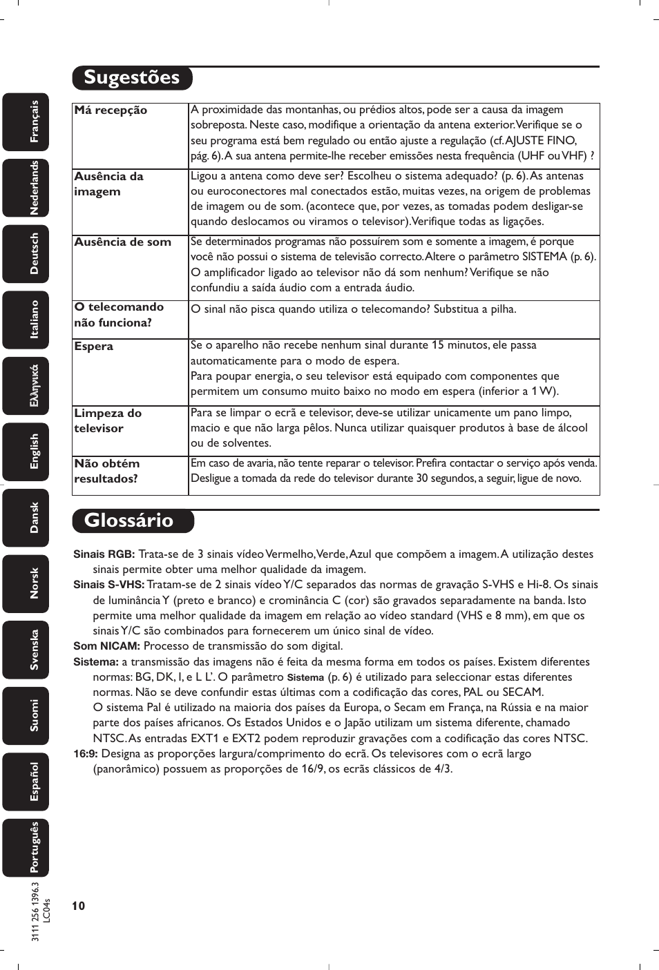 Glossário, Sugestões | Philips Téléviseur User Manual | Page 120 / 120