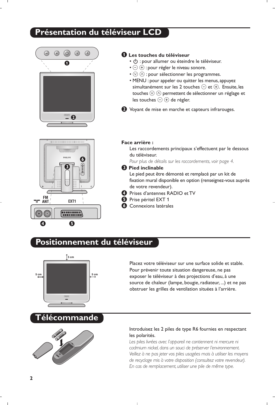 Télécommande, Présentation du téléviseur lcd, Positionnement du téléviseur | Philips Téléviseur User Manual | Page 2 / 120