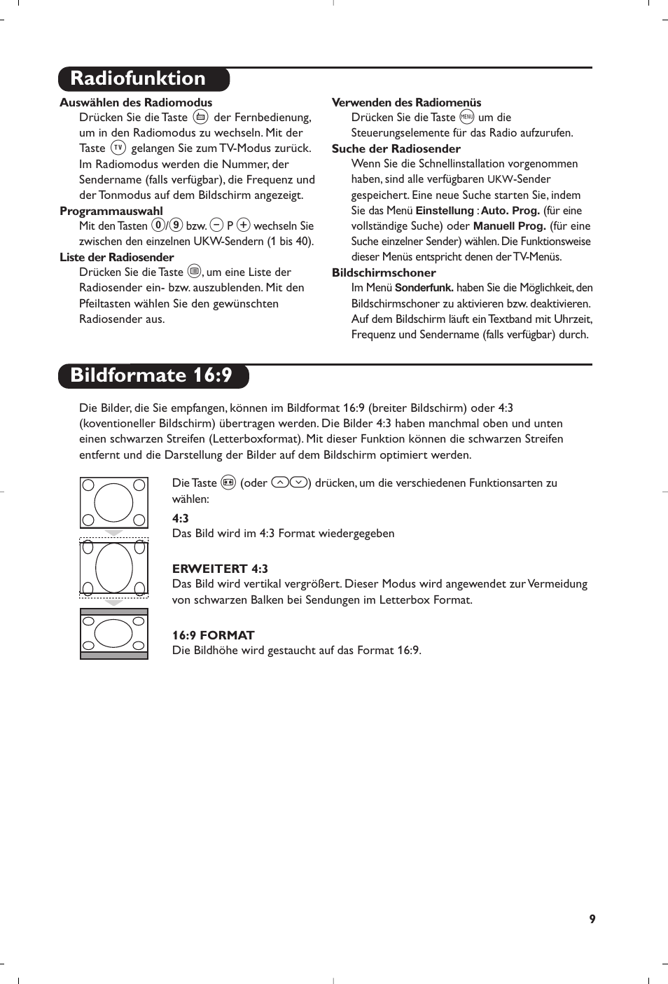 Radiofunktion, Bildformate 16:9 | Philips Téléviseur User Manual | Page 29 / 120