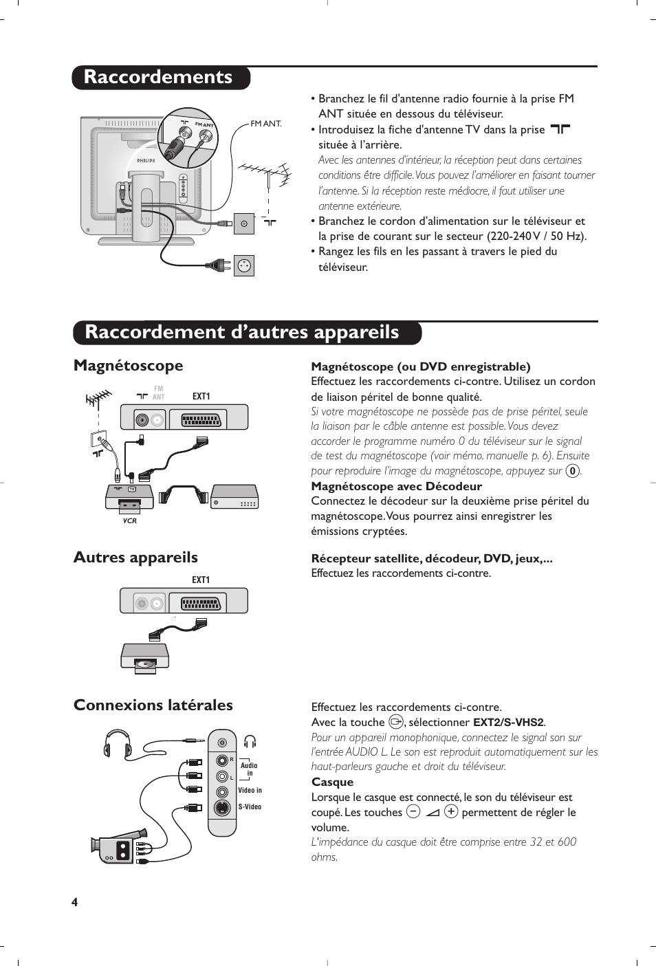 Raccordements, Raccordement d’autres appareils, Connexions latérales | Magnétoscope, Autres appareils | Philips Téléviseur User Manual | Page 4 / 120