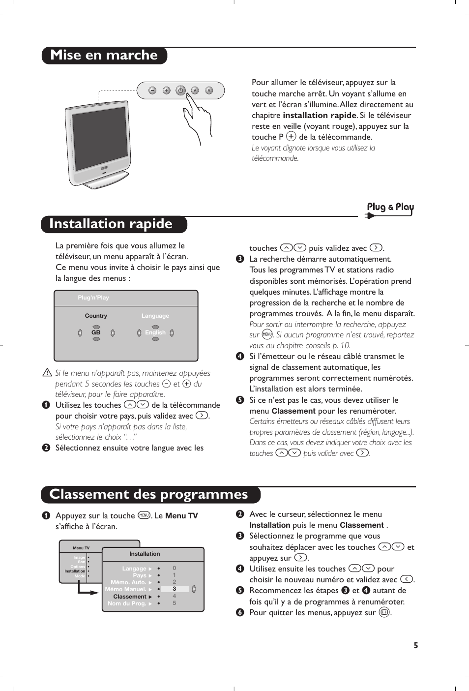 Installation rapide classement des programmes, Mise en marche | Philips Téléviseur User Manual | Page 5 / 120