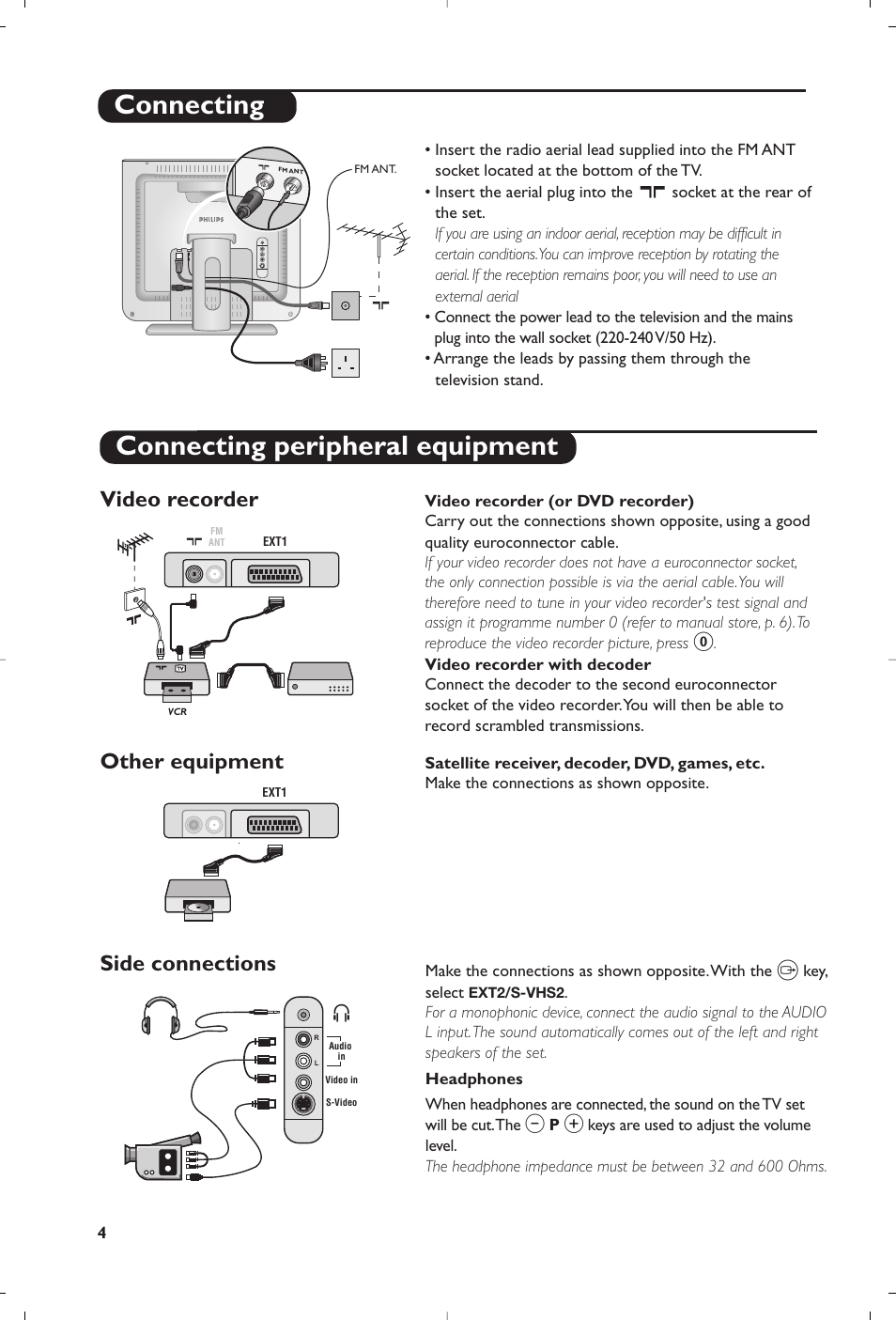 Connecting, Connecting peripheral equipment, Side connections | Video recorder, Other equipment | Philips Téléviseur User Manual | Page 54 / 120