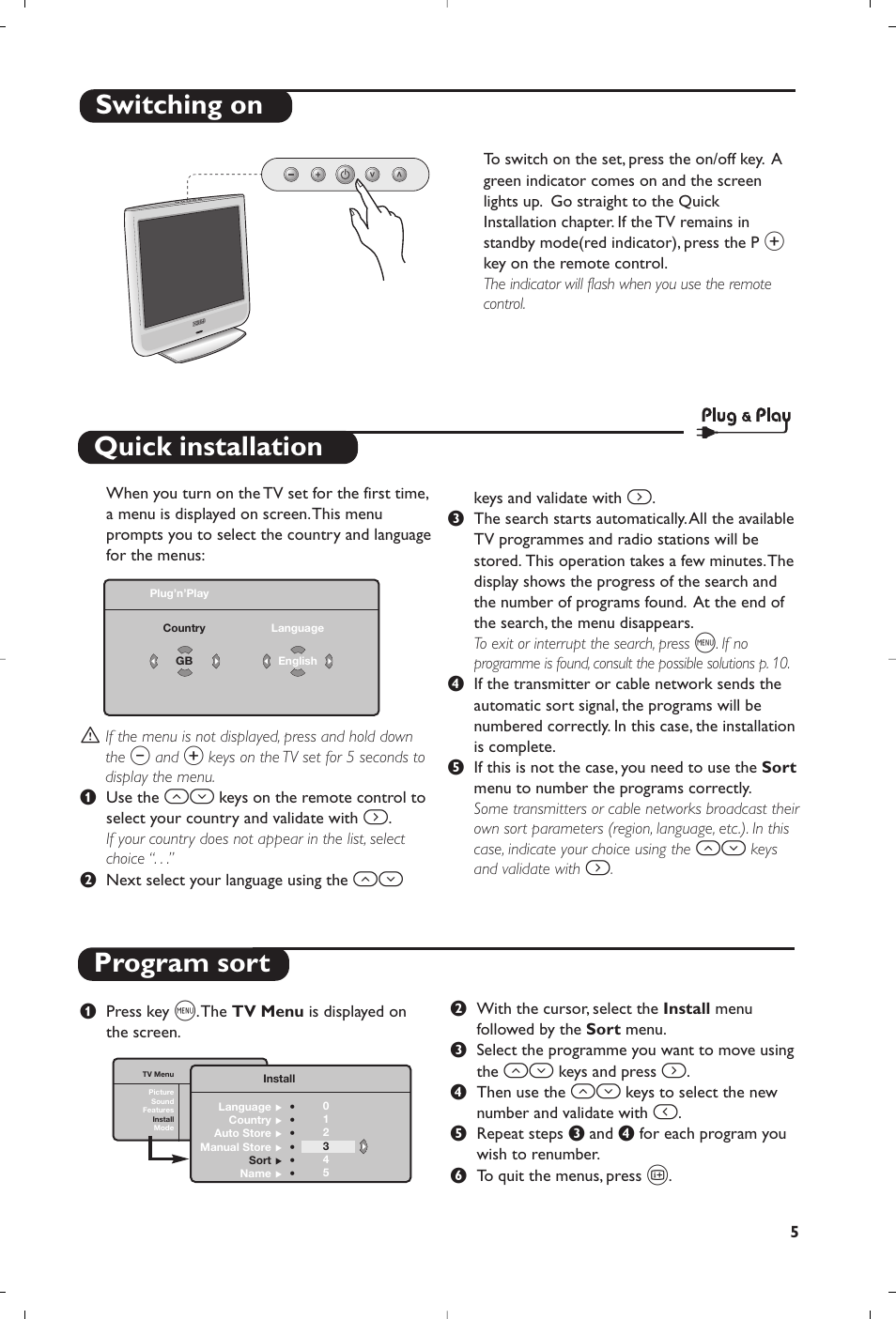 Program sort, Quick installation, Switching on | Philips Téléviseur User Manual | Page 55 / 120