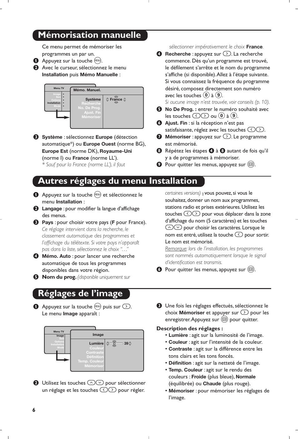 Réglages de l’image | Philips Téléviseur User Manual | Page 6 / 120